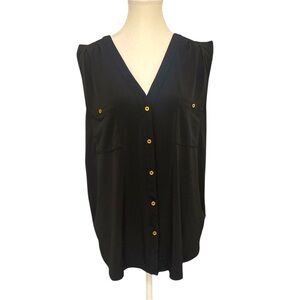 Black Sleeveless Button Front Blouse XL Gold Button V-Neck Layering Minimalist